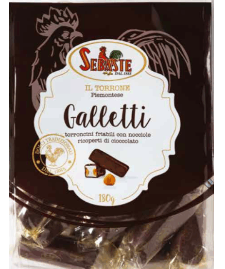 Hard Nougat with hazelnut from Piemonte covered in chocolate
