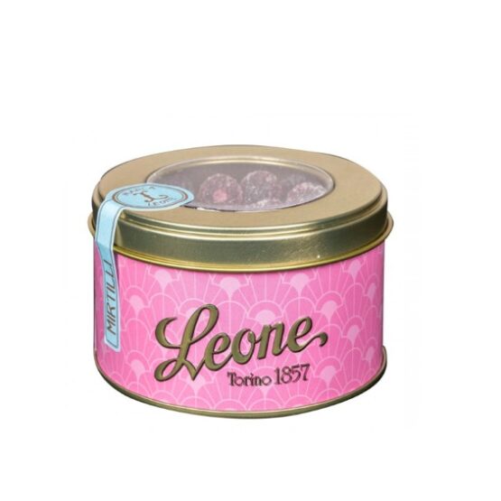 Tin of Blueberry Jellies with a pink and white label.