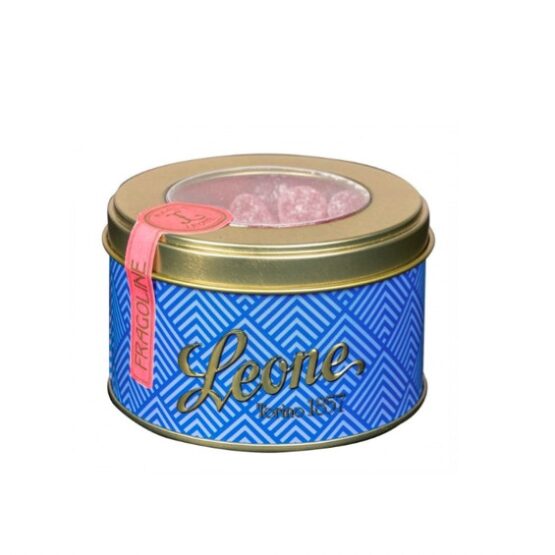 Tin of Strawberry Jellies with a pink and white label.