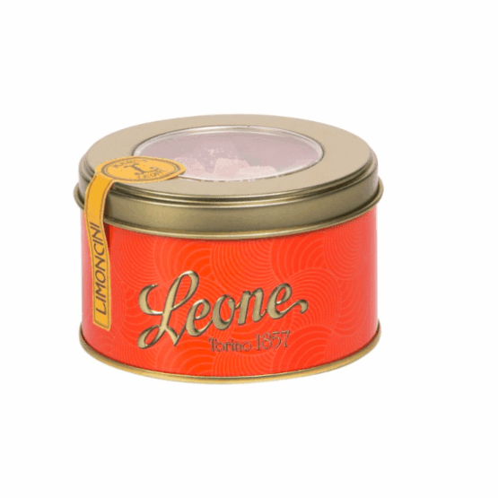 Tin of Leone Lemon Jellies with a pink and white label.