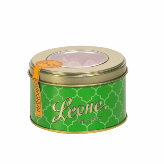 Tin of Red Tangerine Jellies with a pink and white label.