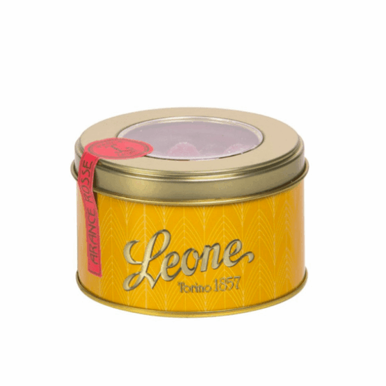 Tin of Red Orange Jellies with a pink and white label.