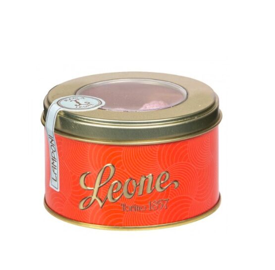 Tin of authentic Italian Leone Raspberry Hard Candies, bursting with flavor.