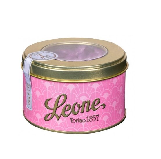 Tin of Leone Violet Jellies with a pink and white label.