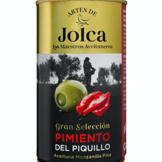 Jolca Manzanilla olives stuffed with piquillo peppers, gourmet Spanish snack